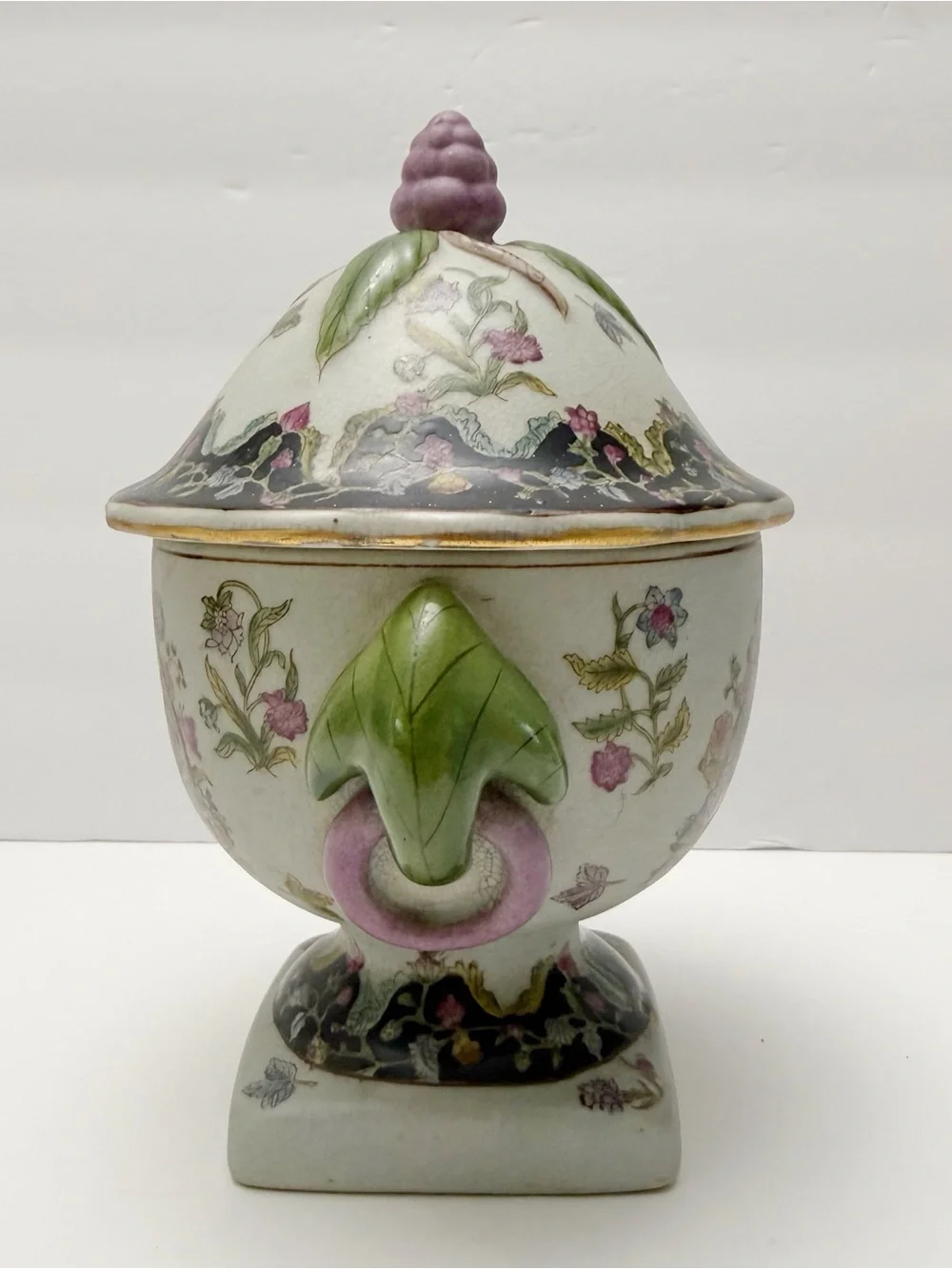 Vintage Chinese Floral Porcelain Lidded Pedestal Footed Small Urn Crackle Finish